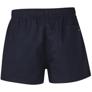Navy men's rugby shorts with an elastic waistband and a single back pocket, featuring a logo.