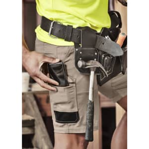 Men's summer cargo shorts in khaki, featuring pockets and a belt, complemented by a tool belt with tools.