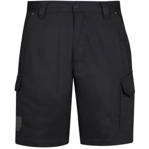 Black men's summer cargo shorts with side pockets and a basic button closure. Features branding.