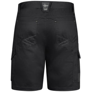 Black men's summer cargo shorts featuring side pockets and a logo on the waistband.