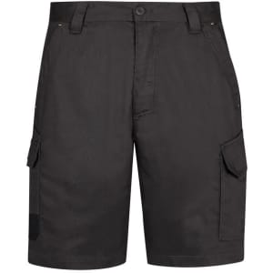 Men's summer cargo shorts in black, featuring side pockets and a button closure. Includes a logo.