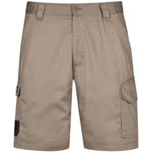 Men's cargo shorts in a khaki colour, featuring multiple pockets and a branded logo.