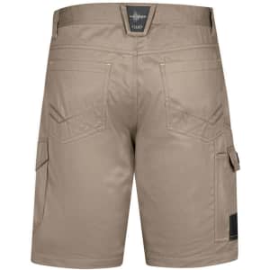 Khaki men's cargo shorts with multiple pockets and a logo on the back. Suitable for summer wear.