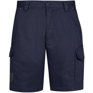 Navy cargo shorts featuring side pockets and a decorative logo. Ideal for casual summer wear.