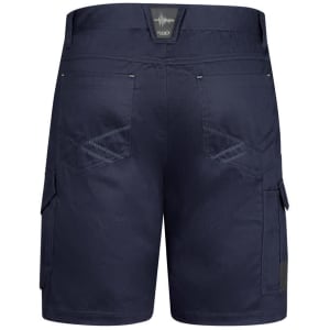 Men's navy cargo shorts featuring multiple pockets and a logo, designed for summer wear.