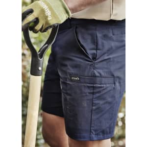 Mens lightweight outdoor shorts in navy blue, featuring a side pocket and a logo, paired with a gardening tool.