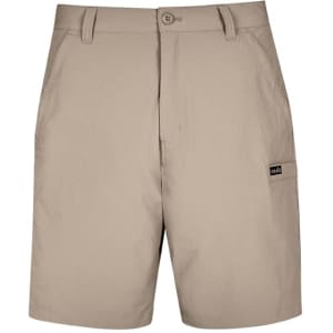 A pair of men's lightweight outdoor shorts in a sandy beige colour, featuring a button closure and a side pocket.