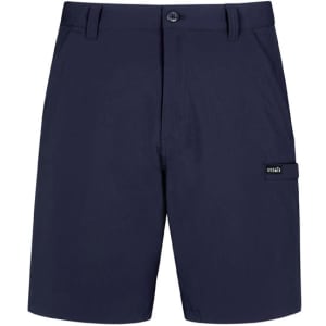 Men's lightweight outdoor shorts in navy blue, featuring a front button closure and a side pocket with branding.