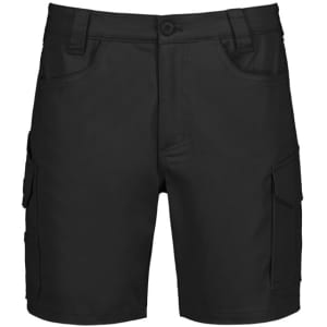 Men's essential stretch cargo shorts in black, featuring multiple pockets and a fitted design. Includes a branding logo.