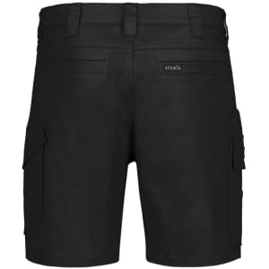 Men's essential stretch cargo shorts in black, featuring side and back pockets. Includes branding on the waistband.