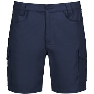 Men's essential stretch cargo shorts in navy blue, featuring side pockets and a logo.