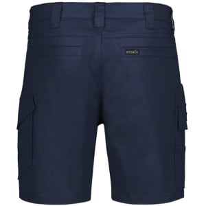 Men's essential stretch cargo shorts in navy, featuring multiple side pockets and a logo label on the back.