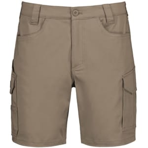 Men's essential stretch cargo shorts in a khaki colour, featuring multiple side pockets and a button closure.