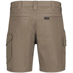 Men's essential stretch cargo shorts in a khaki colour, featuring multiple side pockets and a logo on the waistband.