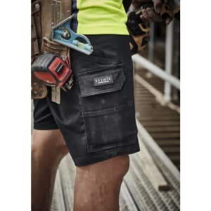 Black men's cargo shorts with multiple pockets, featuring a logo, ideal for work environments.