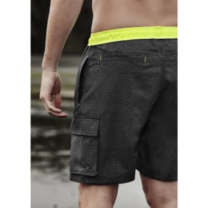 Men's board shorts in black with neon yellow accents, featuring a cargo pocket and a drawstring waistband.