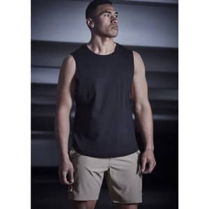 Men's Streetworx board shorts in khaki, paired with a black sleeveless top, featuring a logo.