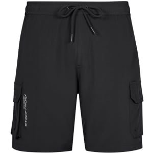 Black men's board shorts featuring cargo pockets and an adjustable drawstring waist, with a logo prominently displayed.