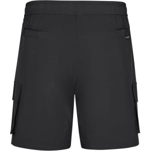 Black sports shorts with a relaxed fit, featuring cargo pockets and an elastic waistband. Includes branding on the side.