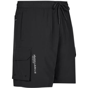 Black sports shorts featuring cargo pockets and an elastic waistband, with a logo on the side.