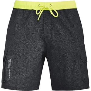 Men's board shorts in black with a subtle pattern, featuring a bright yellow drawstring and side pockets.