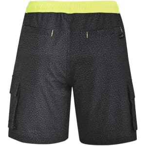 Men's black board shorts with a bright yellow waistband and cargo pockets. Features a branded logo.