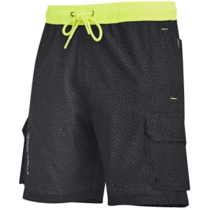 Men's streetworx board shorts in black with a vibrant yellow drawstring and cargo pockets. Features a logo.