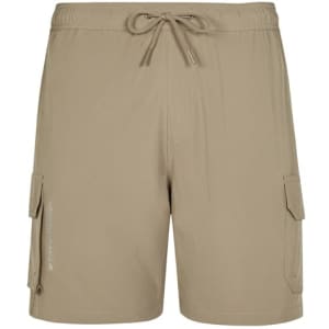 Men's beige board shorts with an elastic waistband, side pockets, and a logo on the side.