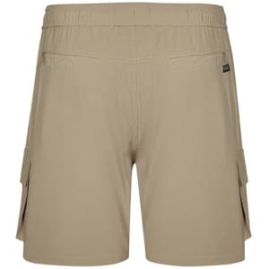 Men's beige board shorts with an elastic waistband and rear pockets, featuring a branding logo.