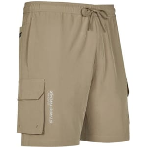 Men's Streetworx board shorts in a khaki colour, featuring cargo pockets and an elastic waistband with a drawstring.
