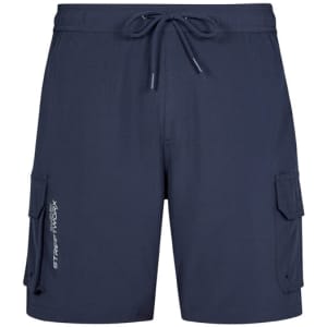 Navy men's board shorts featuring cargo pockets and an elastic waistband with a drawstring. Includes a logo.