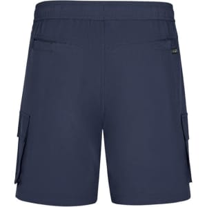 A pair of navy men's board shorts featuring cargo pockets and an elastic waistband. The shorts have a small logo.