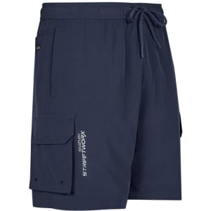 Men's navy board shorts featuring a cargo pocket and an adjustable waistband. Includes a logo on the side.