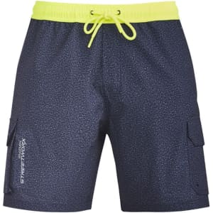 Mens Streetworx board shorts in navy with a bright yellow drawstring, featuring side pockets and a logo.