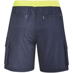 Men's sports shorts in navy with a bright yellow waistband, featuring cargo pockets and a subtle print.