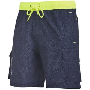 Mens Streetworx board shorts in navy with a neon yellow drawstring and side cargo pockets. Features a logo.