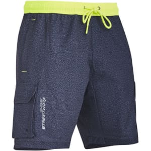 Men's navy board shorts with a contrast neon green waistband and drawstring, featuring cargo pockets and branding.