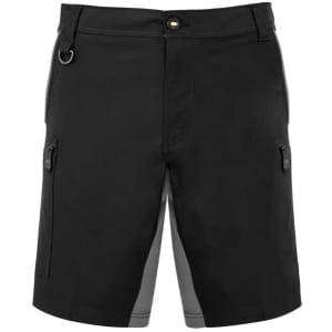 Black work shorts featuring side pockets and a logo, designed for comfort and flexibility.