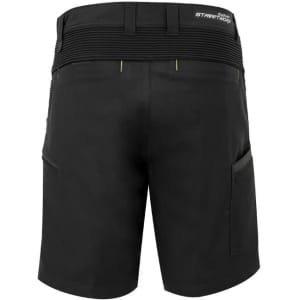 Black men's work shorts featuring a branded logo and pockets for functionality.