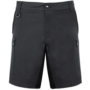 A pair of black work shorts featuring pockets and a logo. Suitable for active wear in various settings.