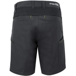 Men's black stretch work shorts featuring a back view with pockets and a logo on the waistband.