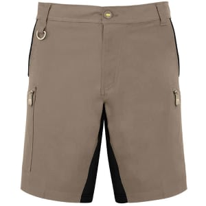 Men’s Streetworx Stretch Short in tan with black accents, featuring side zip pockets and a branded label.