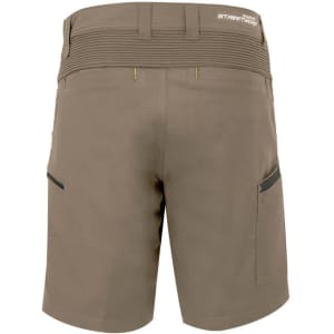 A pair of khaki work shorts with stretch fabric, featuring pockets and a logo.