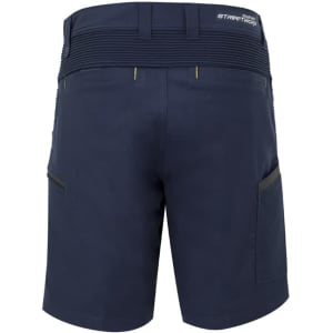 Men's navy work shorts featuring stretch fabric, multiple pockets, and a branded logo on the waistband.