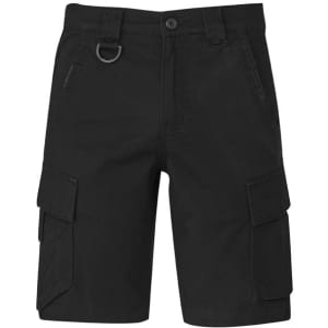 Black cargo shorts featuring multiple pockets and a decorative ring, suitable for casual wear.