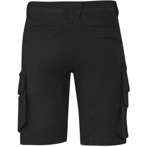 Curved cargo shorts in black with multiple side pockets and a plain design. Features a logo on the waistband.