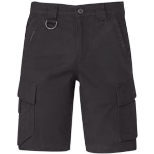 Black cargo shorts featuring multiple pockets and a loop detail. The shorts have a button closure and a classic fit.