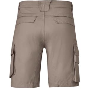 Curved cargo shorts in a light khaki colour, featuring multiple side pockets and a rear design view.