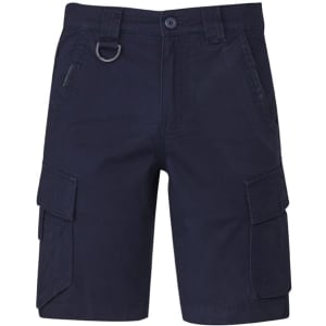 A pair of navy blue cargo shorts featuring multiple pockets and a metal loop detail.