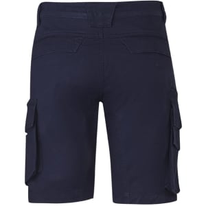 Curved cargo shorts in navy, featuring multiple side pockets and a fitted waist. Includes a logo on the back.